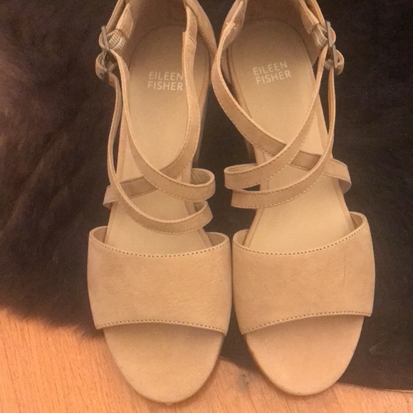 NEW Eileen Fisher women Sandals Kyra tan Nubuck Leather Open Peep Toe Size 7.5 - Picture 10 of 13